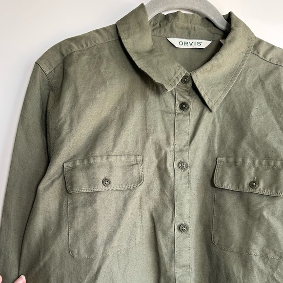 Orvis Long Sleeve Camp Shirt Blouse Army Green Linen Cotton Women Large L - Picture 3 of 7